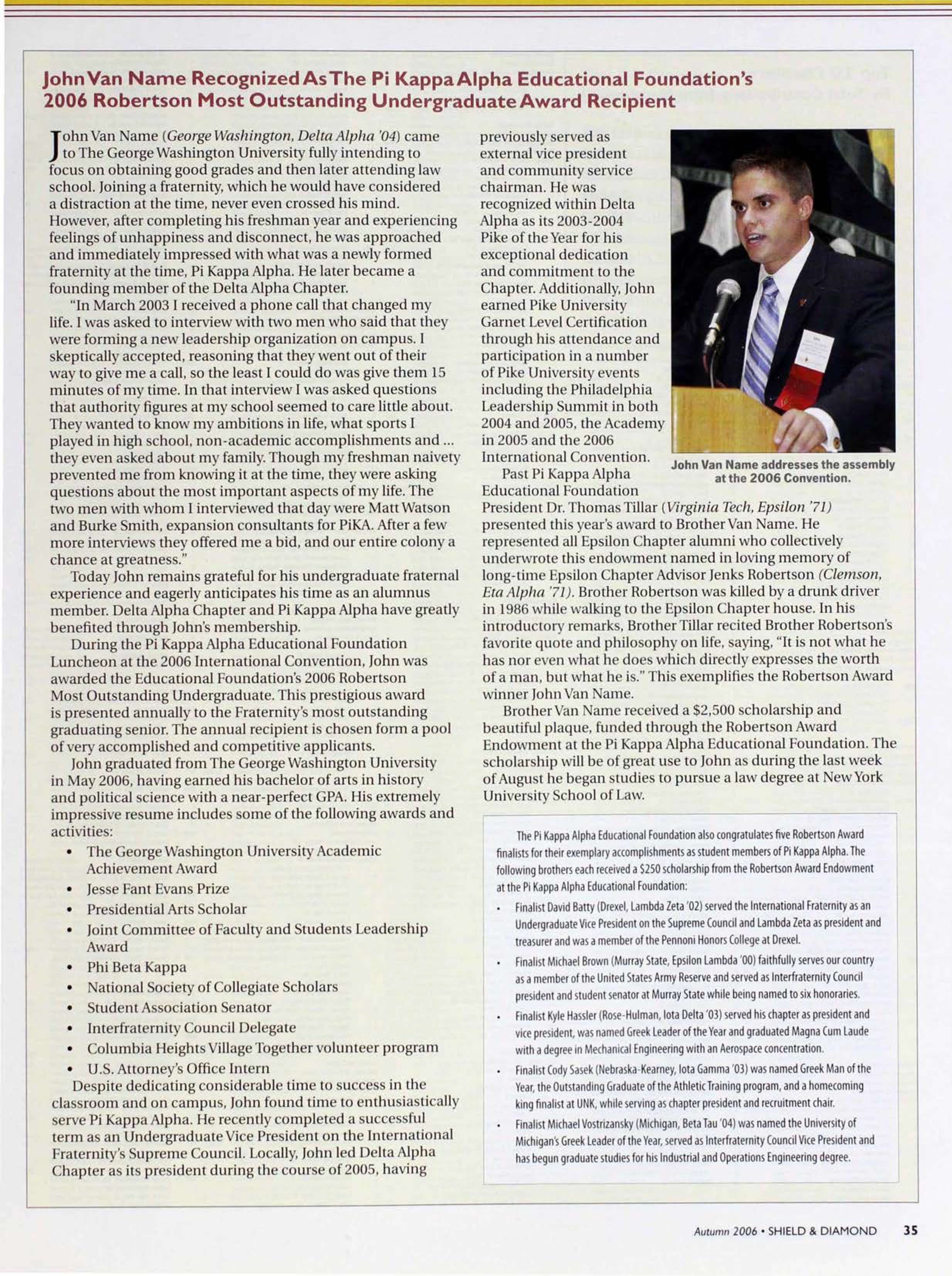 John Van Name Recognized as the Pi Kappa...